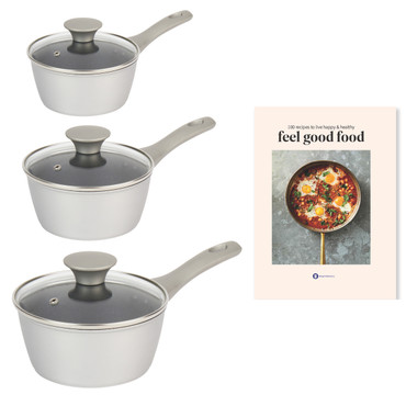 WW Saucepan Set With Weight Watchers Feel Good Food Recipe Book, 16/18/20 cm