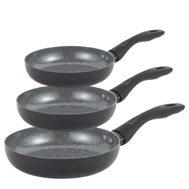 Set of three black non-stick frying pans with speckled grey interior