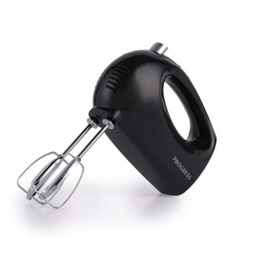 Black electric hand mixer with chrome beaters, side view, for kitchen use