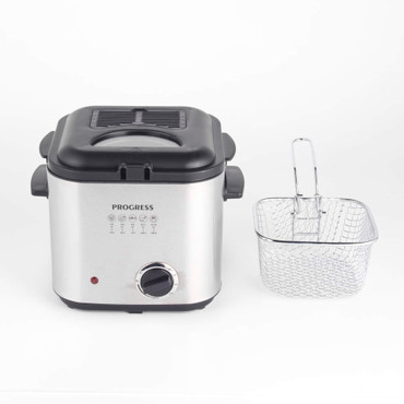 Silver electric deep fat fryer with removable mesh basket, shown on white background.