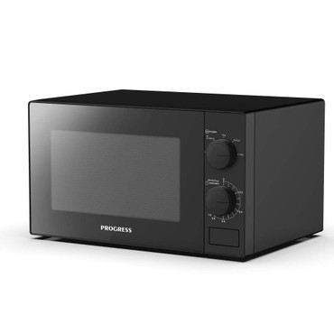 Black microwave oven with manual dials, shown angled on a plain background.