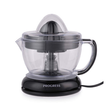 Electric citrus juicer with clear jug and black base, handle and measurement markers