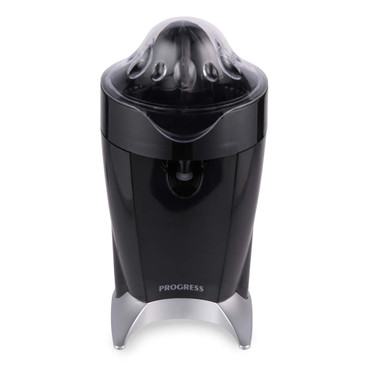 Black electric citrus juicer with silver base and transparent lid, front view