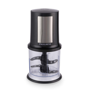Black and silver electric food chopper with clear bowl, shown upright on white background