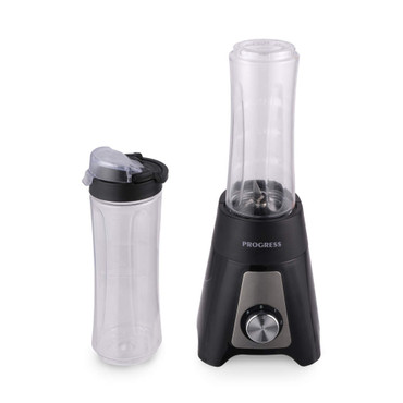 Black personal blender with dial, includes two clear drinks bottles