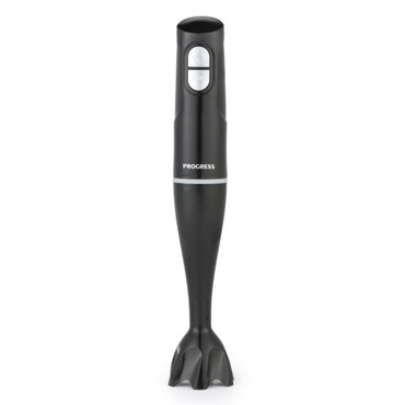 Black hand blender with silver band, showing two control buttons