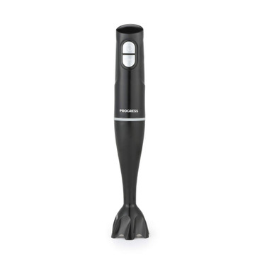 Black hand blender with two-speed buttons, shown upright on white background