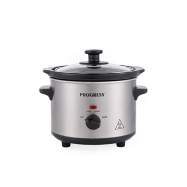 Small silver slow cooker with black handles and lid, front control dial and Progress branding