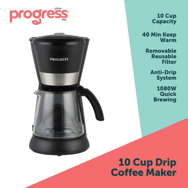 Black filter coffee maker with glass jug, shown upright for product listing.