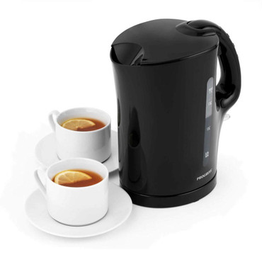 Black electric kettle with two cups of tea and lemon slices, shown on white background.
