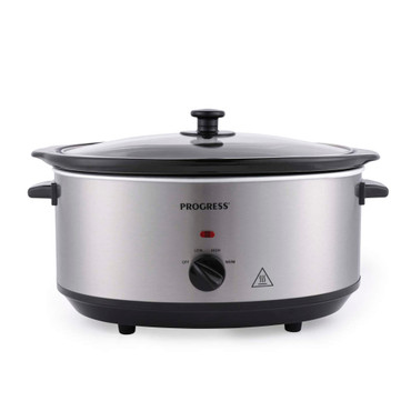 Silver electric slow cooker with black handles and glass lid, frontal angle