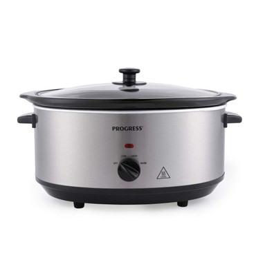 Silver electric slow cooker with black handles and glass lid, frontal angle