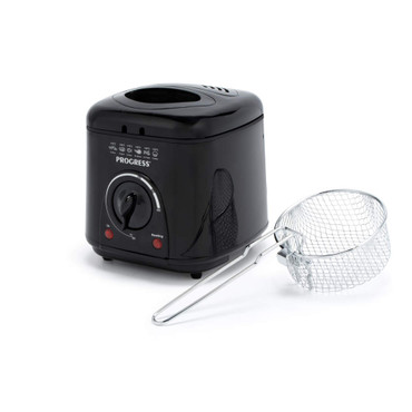 Black electric deep fryer with temperature dial and wire frying basket