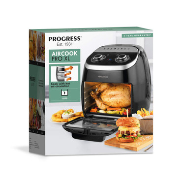 Black air fryer oven with roast chicken and food, on Progress Aircook Pro XL packaging