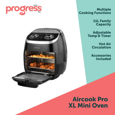 Black air fryer oven with roast chicken and food, on Progress Aircook Pro XL packaging
