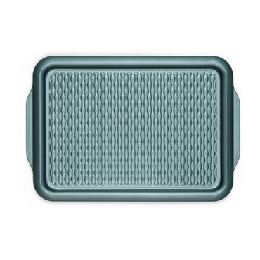 Green non-stick baking tray with textured surface, shown from above.