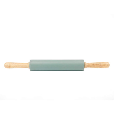 Green non-stick rolling pin with wooden handles on white background