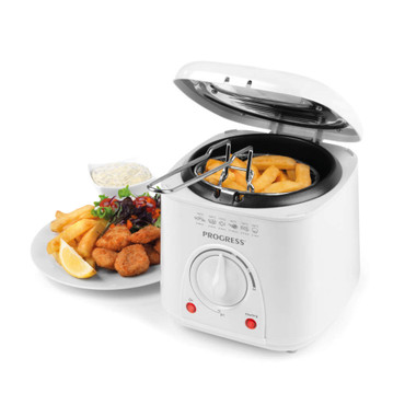White Progress electric deep fat fryer with chips in basket, shown beside plate of fried food.
