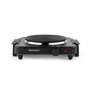 Progress single black electric hot plate with power dial, shown from the front
