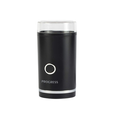 Black electric coffee grinder with clear lid, Progress logo on front.