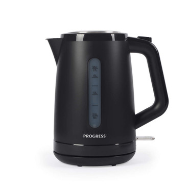 Black electric kettle with water level indicator, shown upright on a white background.