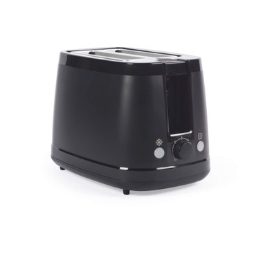 Black 2-slice toaster with controls, shown at angle on white background