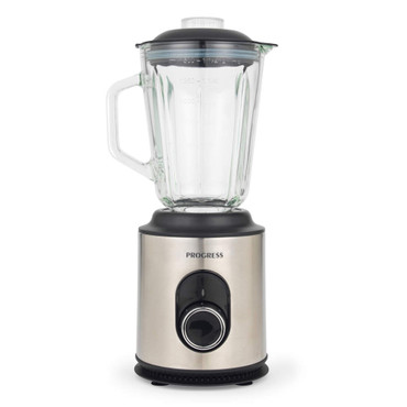Stainless steel and black jug blender with glass jug, shown upright on white background