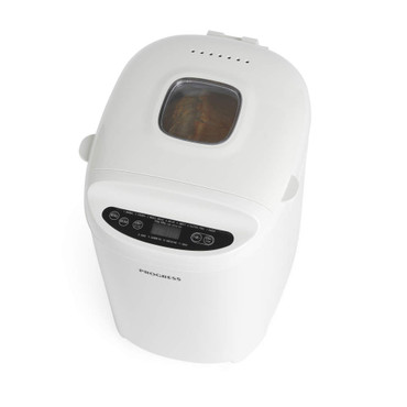 White bread maker with digital controls and viewing window, shown baking loaf