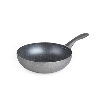 Black non-stick wok with ergonomic handle, shown from side angle