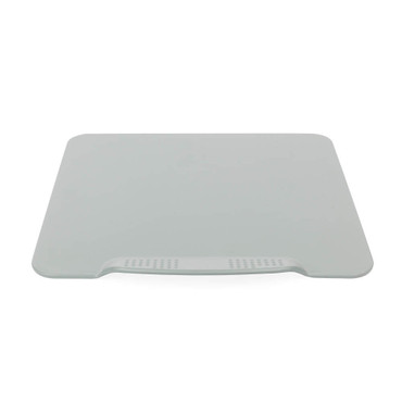 Light green plastic chopping board with integrated grater, shown on white background