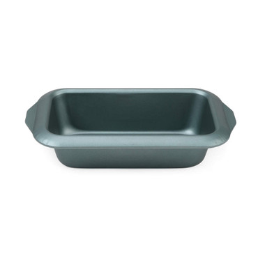 Non-stick green metal loaf tin, shown empty from above.
