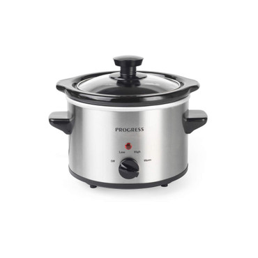 Silver compact slow cooker with black handles and control knob, shown on a white background