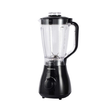 Black electric blender with clear jug, shown upright for product listing
