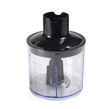 Food processor bowl with black lid and stainless steel chopping blade, 500ml capacity