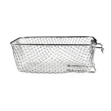 Silver wire mesh basket with side hooks, shown empty on white background