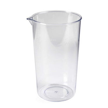 Clear plastic measuring jug with spout, showing millilitre scale.