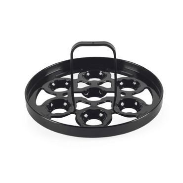 Black metal egg rack with handle, holds seven eggs, shown on white background