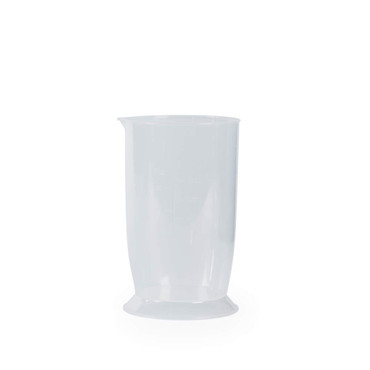 Clear plastic measuring jug with spout, shown upright against white background