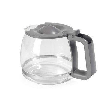 Grey coffee maker glass jug with handle, shown empty on white background