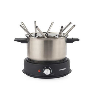 Stainless steel electric fondue set with eight forks on black base, front view.