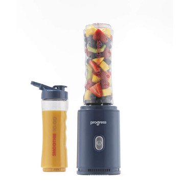 Navy smoothie maker with bottle, filled with assorted fruit, and spare bottle with orange smoothie