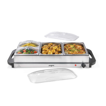 Stainless steel buffet server with three food trays and clear lids, shown filled with vegetables, potatoes, and lasagne