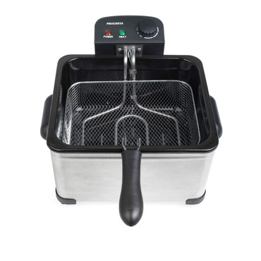 Silver deep fat fryer with black handle and control dial, shown empty from above