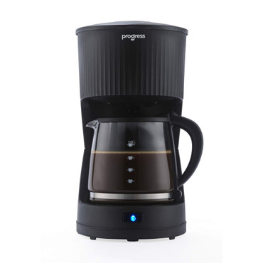 Black filter coffee machine with glass jug and blue power light