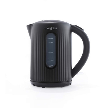 Black cordless electric kettle with ribbed texture and water level indicator