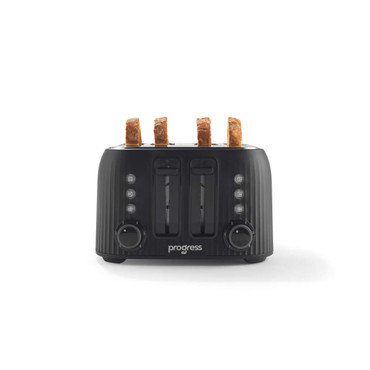 Black 4-slice toaster with toasted bread, front view