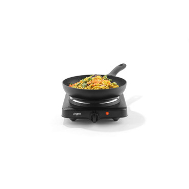 Single black hot plate with a frying pan cooking stir fry vegetables and noodles