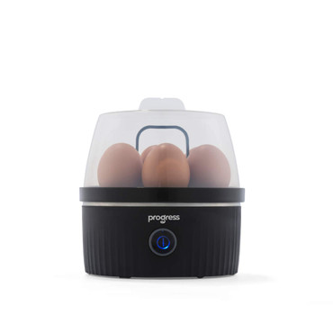 Black electric egg boiler with transparent lid, holding six eggs, Progress branding on front