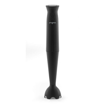 Black hand blender with two buttons, shown upright on white background.