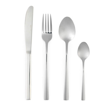Set of four silver stainless steel cutlery pieces: knife, fork, tablespoon, teaspoon.